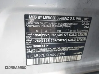 2004 Mercedes-Benz M 3.5L with VIN 4JGAB57E14A508096, listed as a IAAI auction lot 42126128 with 111,596 mi miles. Bid and sale history available at carsss.com. Image 9.
