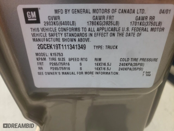 2001 Chevrolet Silverado 1500 LT with VIN 2GCEK19T111341349, listed as a Copart auction lot 70488904 with 153,530 mi miles and Salvage Title. Bid and sale history available at carsss.com. Image 15.