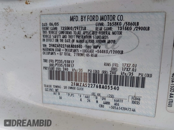 2006 Ford Freestar SEL z VIN 2FMZA52276BA05540, wystawiony jako IAAI lot #42001101 z przebiegiem Nie podano mil oraz . Historia ofert i sprzedaży dostępna na DreamBid. Obrazek 9.