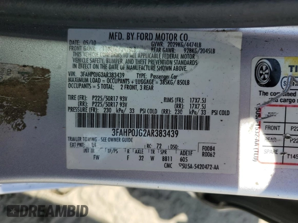 2010 Ford Fusion SEL with VIN 3FAHP0JG2AR383439, listed as a Copart auction lot 73367254 with 177,896 mi miles and Salvage Title. Bid and sale history available at carsss.com. Image 15.