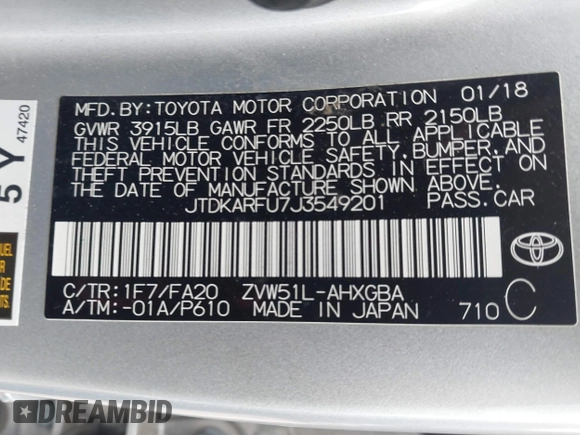 2018 Toyota Prius Two with VIN JTDKARFU7J3549201, listed as a IAAI auction lot 41589765 with 125,500 mi miles. Bid and sale history available at carsss.com. Image 9.