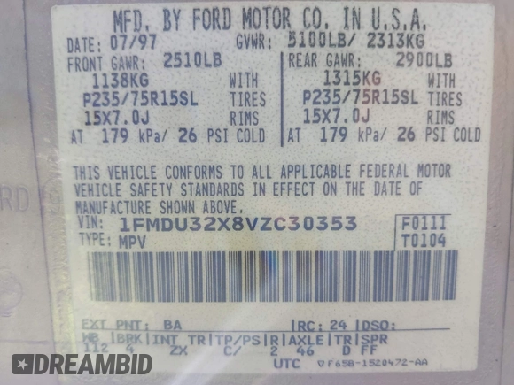 1997 Ford Explorer Eddie Bauer z VIN 1FMDU32X8VZC30353, wystawiony jako IAAI lot #42259734 z przebiegiem 249 106 mil mil oraz . Historia ofert i sprzedaży dostępna na DreamBid. Obrazek 9.