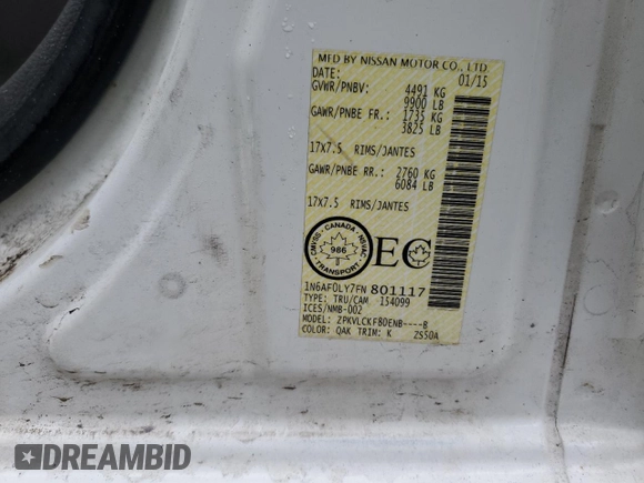2015 Nissan NV SV with VIN 1N6AF0LY7FN801117, listed as a Copart auction lot 45111185 with 385,489 mi miles and Salvage Title. Bid and sale history available at carsss.com. Image 12.