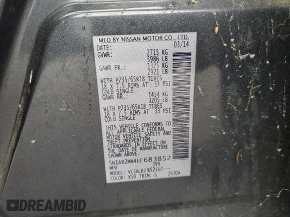 2014 Nissan Pathfinder SL with VIN 5N1AR2MN4EC683852, listed as a Copart auction lot 56719125 with 129,897 mi miles and Salvage title. Bid and sale history available at DreamBid. Image 13.