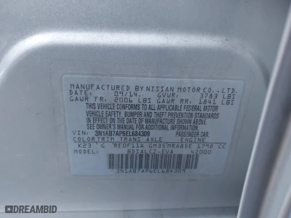 2014 Nissan Sentra SR with VIN 3N1AB7AP6EL684309, listed as a IAAI auction lot 41933659 with 74,830 mi miles. Bid and sale history available at carsss.com. Image 9.