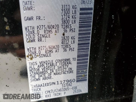 2023 Nissan Titan Pro-4X с VIN 1N6AA1ED5PN117960, выставлен на аукционе Copart как лот 42931505 с пробегом 19 754 миль миль и Списание • Salvage title. История ставок и продаж доступна на DreamBid. Изображение 14.