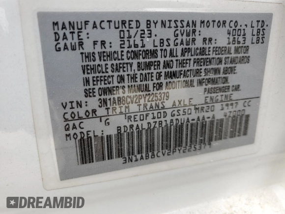 2023 Nissan Sentra SV with VIN 3N1AB8CV2PY225379, listed as a Copart auction lot 47229565 with 149,910 mi miles and Salvage Title. Bid and sale history available at DreamBid. Image 14.