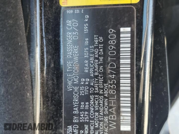 2007 BMW 7 Series 750i z VIN WBAHL83547DT09809, wystawiony jako Copart lot #54817145 z przebiegiem 209 806 mil mil oraz Szkoda całkowita • Salvage title. Historia ofert i sprzedaży dostępna na DreamBid. Obrazek 12.