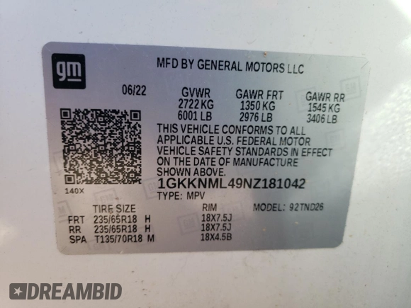 2022 GMC Acadia SLT z VIN 1GKKNML49NZ181042, wystawiony jako Copart lot #44181015 z przebiegiem 54 972 mil mil oraz Szkoda całkowita • Salvage title. Historia ofert i sprzedaży dostępna na DreamBid. Obrazek 14.
