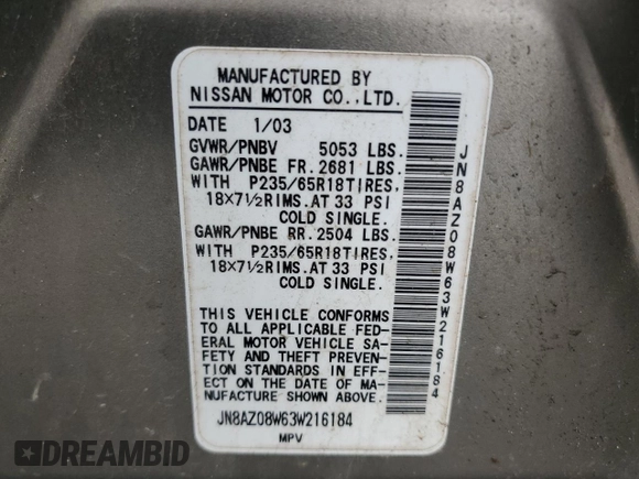 2003 Nissan Murano SL with VIN JN8AZ08W63W216184, listed as a Copart auction lot 49454375 with Not Provided miles and Salvage Title. Bid and sale history available at DreamBid. Image 14.