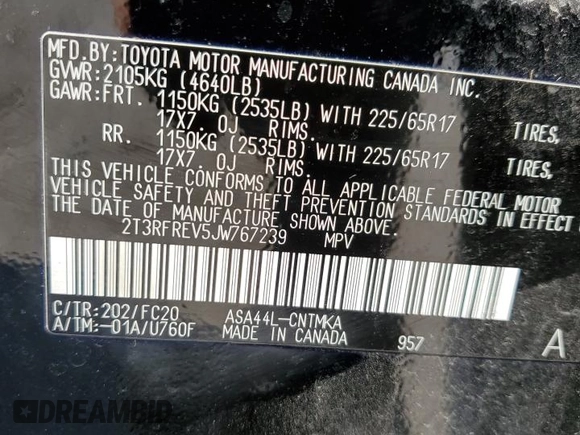 2018 Toyota RAV4 XLE z VIN 2T3RFREV5JW767239, wystawiony jako Copart lot #53781833 z przebiegiem Nie podano mil oraz Szkoda całkowita • Salvage title. Historia ofert i sprzedaży dostępna na DreamBid. Obrazek 14.