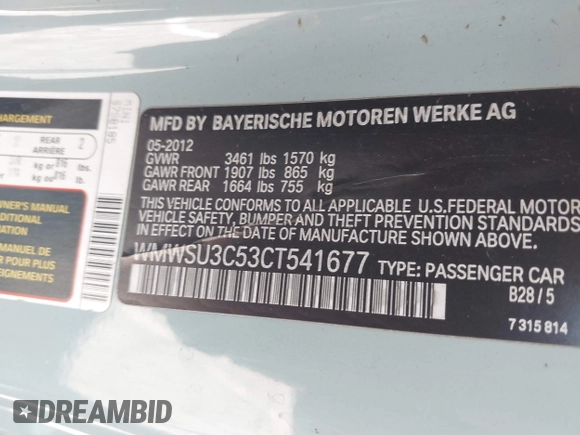 2012 MINI Hardtop with VIN WMWSU3C53CT541677, listed as a IAAI auction lot 42599172 with 161,995 mi miles and . Bid and sale history available at DreamBid. Image 9.
