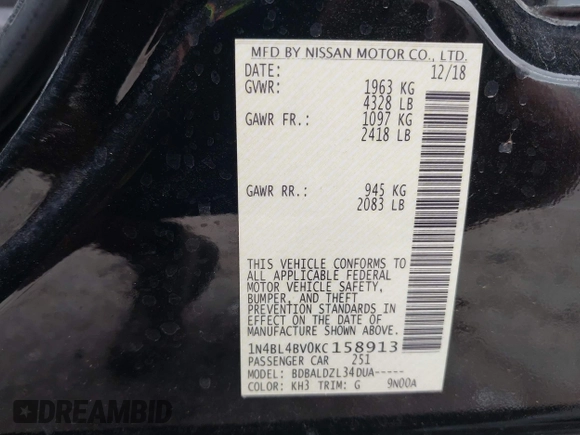 2019 Nissan Altima S with VIN 1N4BL4BV0KC158913, listed as a IAAI auction lot 41990156 with 162,406 mi miles and . Bid and sale history available at carsss.com. Image 9.