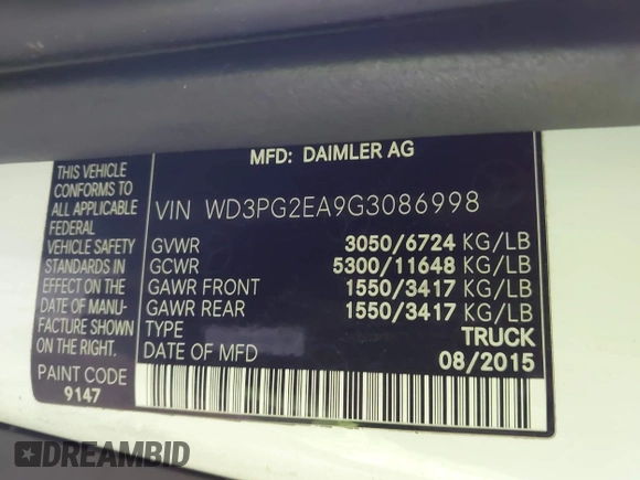 2016 Mercedes-Benz Metris Cargo with VIN WD3PG2EA9G3086998, listed as a IAAI auction lot 42044123 with 100,887 mi miles. Bid and sale history available at carsss.com. Image 9.