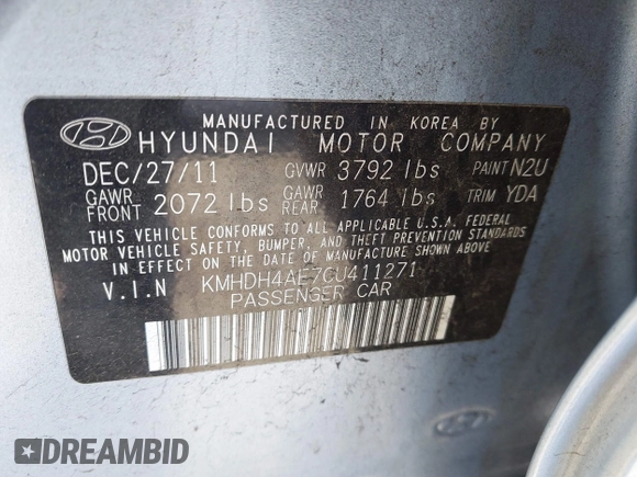 2012 Hyundai Elantra Limited with VIN KMHDH4AE7CU411271, listed as a IAAI auction lot 41840773 with 93,602 mi miles. Bid and sale history available at carsss.com. Image 9.