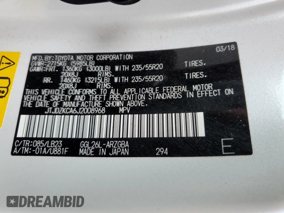 2018 Lexus RX 350L Premium with VIN JTJDZKCA6J2008968, listed as a Copart auction lot 56966645 with 93,140 mi miles and Salvage title. Bid and sale history available at DreamBid. Image 13.