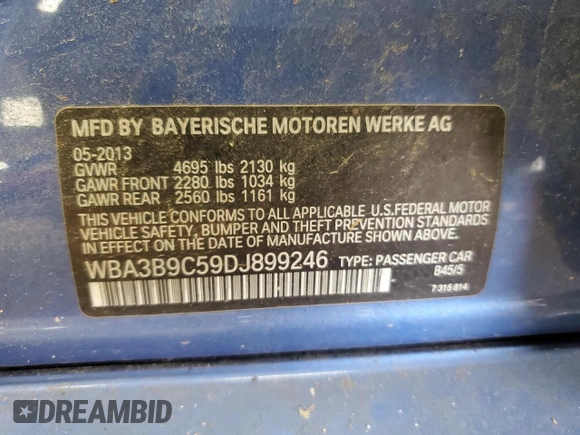 2013 BMW 3 Series 335i xDrive with VIN WBA3B9C59DJ899246, listed as a Copart auction lot 60455895 with 193,104 mi miles and Salvage title. Bid and sale history available at DreamBid. Image 12.