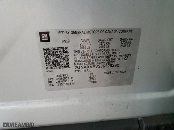 2018 Chevrolet Equinox Premier with VIN 2GNAXVEV3J6326392, listed as a Copart auction lot 43451245 with 106,030 mi miles and Non Repairable. Bid and sale history available at carsss.com. Image 12.