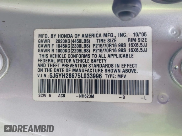 2005 Honda Element EX with VIN 5J6YH28675L033996, listed as a IAAI auction lot 41475303 with 225,282 mi miles and . Bid and sale history available at DreamBid. Image 9.