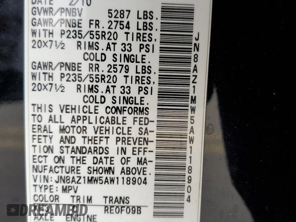 2010 Nissan Murano SL with VIN JN8AZ1MW5AW118904, listed as a Copart auction lot 64274304 with 149,190 mi miles and Salvage Title. Bid and sale history available at carsss.com. Image 14.