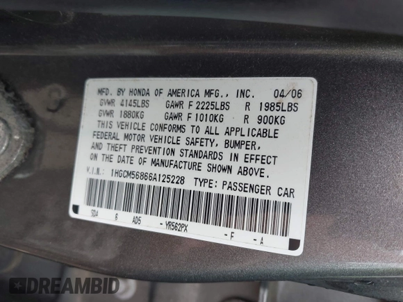 2006 Honda Accord EX-L z VIN 1HGCM56866A125228, wystawiony jako IAAI lot #42252525 z przebiegiem 254 398 mil mil oraz . Historia ofert i sprzedaży dostępna na DreamBid. Obrazek 9.