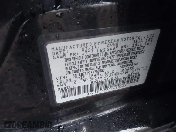 2015 Nissan Sentra S with VIN 3N1AB7AP3FY250188, listed as a IAAI auction lot 41197719 with 165,538 mi miles and . Bid and sale history available at DreamBid. Image 9.
