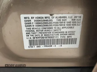 2007 Honda Pilot LX with VIN 5FNYF28197B002111, listed as a IAAI auction lot 42079540 with 1 mi miles. Bid and sale history available at carsss.com. Image 9.