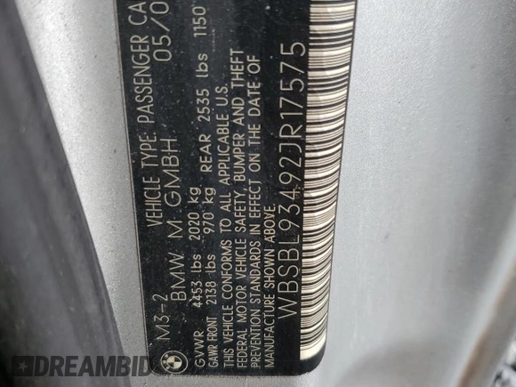 2002 BMW 3 Series M3 with VIN WBSBL93492JR17575, listed as a Copart auction lot 58530895 with Not provided miles and Clean title. Bid and sale history available at DreamBid. Image 13.