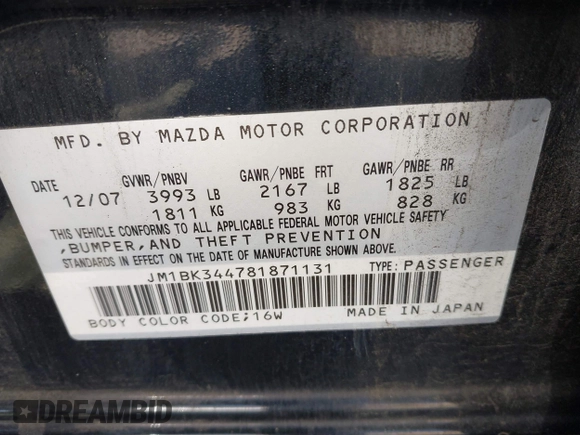 2008 Mazda 3 S Sport with VIN JM1BK344781871131, listed as a IAAI auction lot 41583158 with 172,928 mi miles and . Bid and sale history available at DreamBid. Image 9.