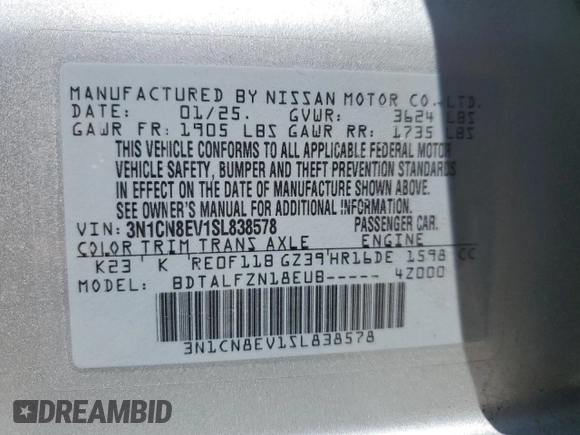 2025 Nissan Versa SV z VIN 3N1CN8EV1SL838578, wystawiony jako Copart lot #58843025 z przebiegiem 5 351 mil mil oraz Czysty tytuł • Clean title. Historia ofert i sprzedaży dostępna na DreamBid. Obrazek 12.