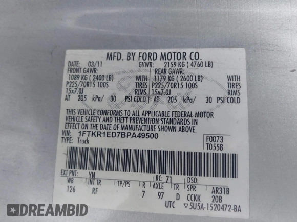 2011 Ford Ranger XL with VIN 1FTKR1ED7BPA49500, listed as a IAAI auction lot 41501648 with 143,847 mi miles. Bid and sale history available at carsss.com. Image 9.