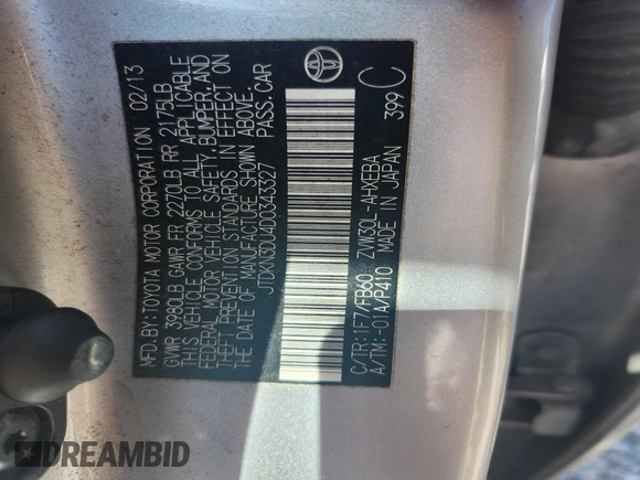 2013 Toyota Prius One with VIN JTDKN3DU4D0343327, listed as a IAAI auction lot 41736961 with 1 mi miles. Bid and sale history available at carsss.com. Image 9.