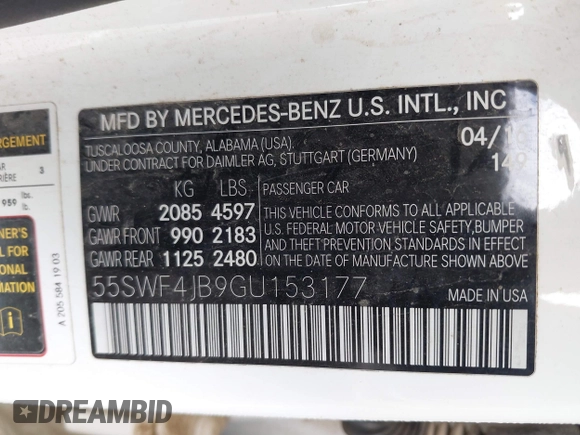 2016 Mercedes-Benz C 300 with VIN 55SWF4JB9GU153177, listed as a IAAI auction lot 41885828 with 85,147 mi miles and . Bid and sale history available at carsss.com. Image 9.