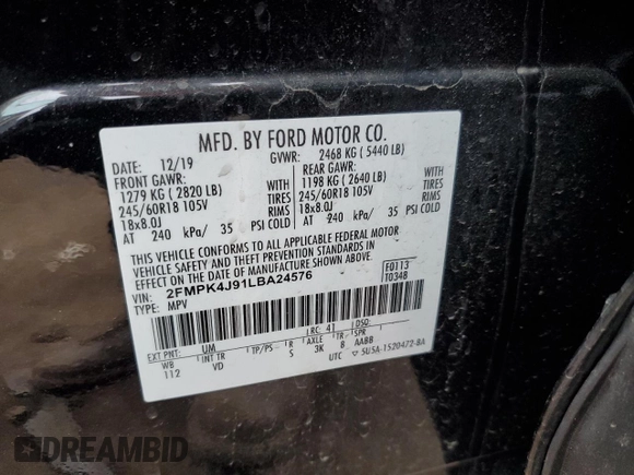 2020 Ford Edge SEL with VIN 2FMPK4J91LBA24576, listed as a Copart auction lot 50312435 with 87,956 mi miles and Salvage Title. Bid and sale history available at DreamBid. Image 13.