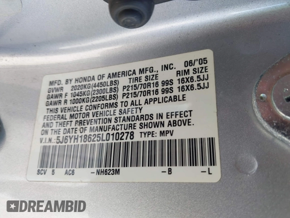 2005 Honda Element EX with VIN 5J6YH18625L010278, listed as a IAAI auction lot 41903371 with 204,659 mi miles and . Bid and sale history available at DreamBid. Image 9.