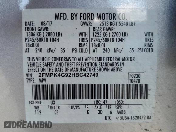 2017 Ford Edge SE with VIN 2FMPK4G92HBC42749, listed as a Copart auction lot 55759745 with 90,749 mi miles and Salvage title. Bid and sale history available at DreamBid. Image 13.
