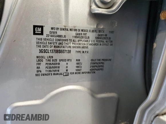 2008 Saturn VUE Red Line with VIN 3GSCL13708S607138, listed as a Copart auction lot 74011644 with 169,943 mi miles and Non Repairable. Bid and sale history available at DreamBid. Image 12.