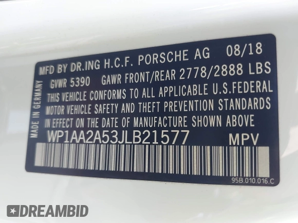 2018 Porsche Macan with VIN WP1AA2A53JLB21577, listed as a IAAI auction lot 41655044 with 51,923 mi miles. Bid and sale history available at carsss.com. Image 9.