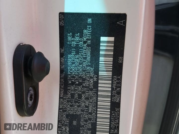 2007 Toyota Sienna CE with VIN 5TDZK23C17S065711, listed as a Copart auction lot 49992145 with 125,622 mi miles and Salvage Title. Bid and sale history available at DreamBid. Image 13.