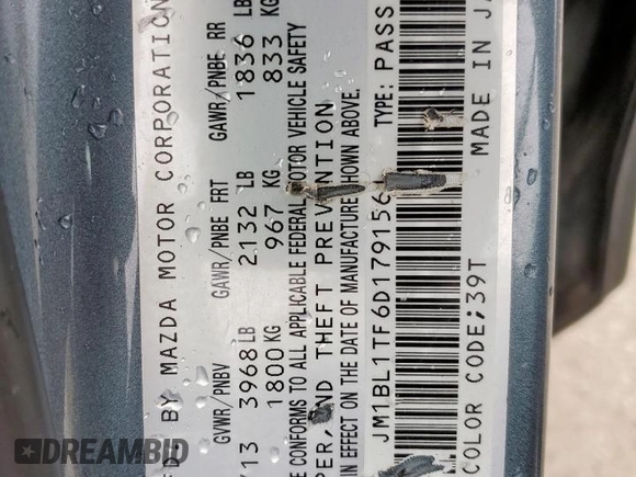 2013 Mazda 3 i SV with VIN JM1BL1TF6D1791561, listed as a Copart auction lot 54434095 with 115,604 mi miles and Salvage Title. Bid and sale history available at DreamBid. Image 12.
