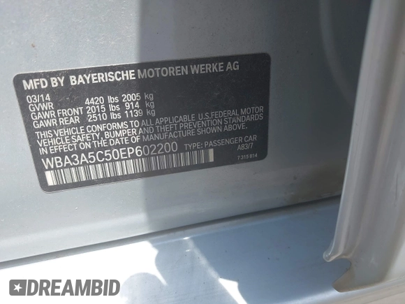 2014 BMW 3 Series 328i with VIN WBA3A5C50EP602200, listed as a IAAI auction lot 42555946 with 93,576 mi miles and . Bid and sale history available at DreamBid. Image 9.