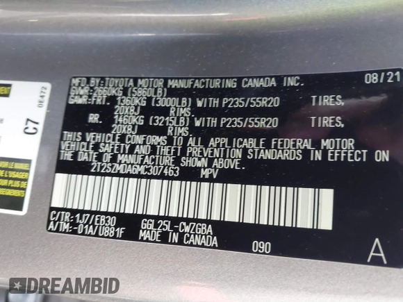 2021 Lexus RX with VIN 2T2SZMDA6MC307463, listed as a IAAI auction lot 40955402 with 7,308 mi miles. Bid and sale history available at carsss.com. Image 9.