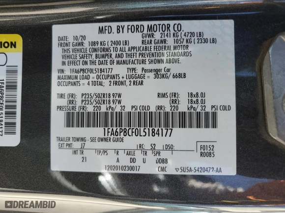 2020 Ford Mustang GT with VIN 1FA6P8CF0L5184177, listed as a Copart auction lot 52370505 with 0 mi miles and Salvage Title. Bid and sale history available at carsss.com. Image 12.