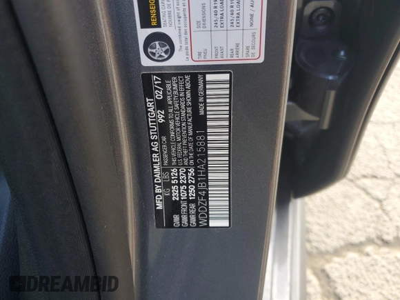 2017 Mercedes-Benz E-Class E 300 Luxury with VIN WDDZF4JB1HA215881, listed as a Copart auction lot 53971275 with 73,580 mi miles and Salvage Title. Bid and sale history available at carsss.com. Image 12.