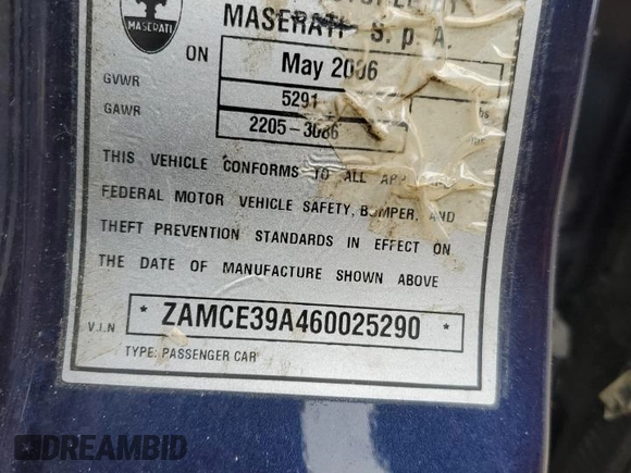 2006 Maserati Quattroporte z VIN ZAMCE39A460025290, wystawiony jako Copart lot #78816054 z przebiegiem Nie podano mil oraz Szkoda całkowita • Salvage title. Historia ofert i sprzedaży dostępna na DreamBid. Obrazek 12.