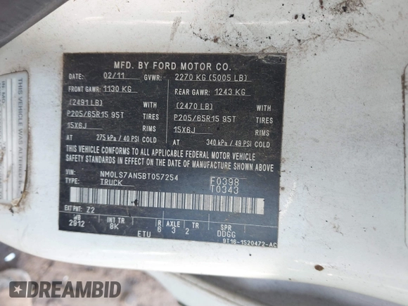 2011 Ford Transit Connect XL with VIN NM0LS7AN5BT057254, listed as a IAAI auction lot 41662407 with 240,393 mi miles and . Bid and sale history available at DreamBid. Image 9.