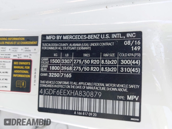 2017 Mercedes-Benz GLS 450 with VIN 4JGDF6EEXHA830879, listed as a IAAI auction lot 41777956 with 96,389 mi miles and . Bid and sale history available at DreamBid. Image 9.