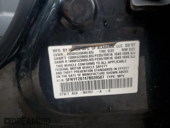 2007 Honda Pilot EX-L with VIN 5FNYF28747B039507, listed as a Copart auction lot 78941304 with 187,291 mi miles and Salvage Title. Bid and sale history available at DreamBid. Image 13.
