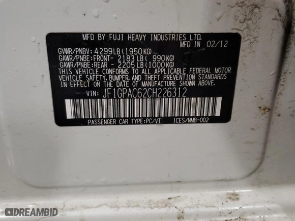 2012 Subaru Impreza Wagon 2.0i Premium with VIN JF1GPAC62CH226312, listed as a Copart auction lot 44159355 with 139,526 mi miles and Salvage Title. Bid and sale history available at carsss.com. Image 13.