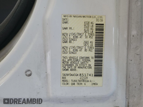 2016 Nissan NV S with VIN 5BZBF0AA5GN851741, listed as a Copart auction lot 61637615 with 212,887 mi miles and Salvage title. Bid and sale history available at DreamBid. Image 13.